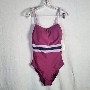 All In Motion Plumb Lilac Grey Blue Stripe Medium Coverage One Piece Swimsuit M